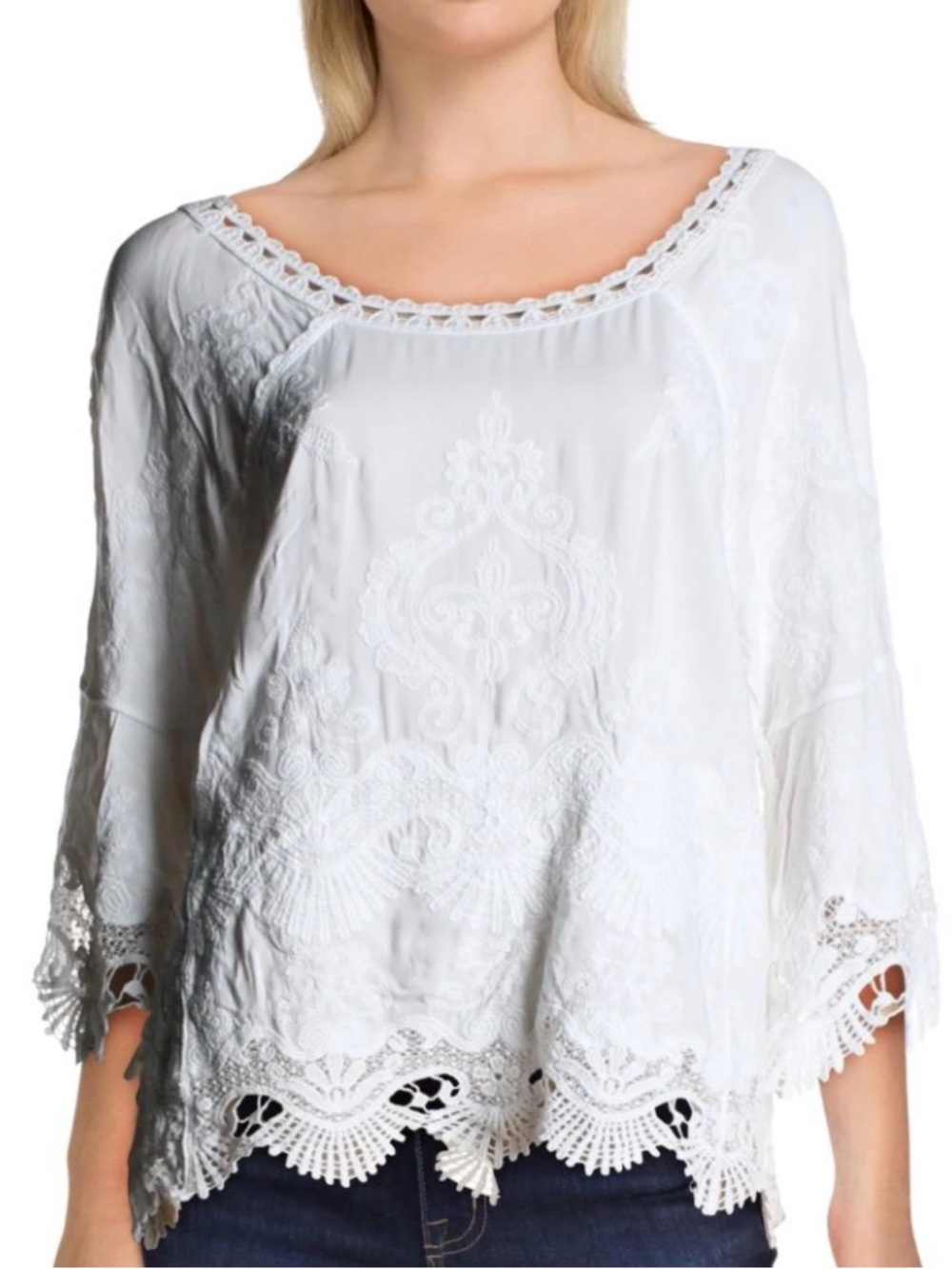 NorthStyle Womens Plus 2X White Embroidered Lace Trim Boho Tunic Blouse 3/4 Slee